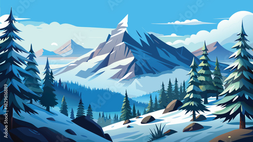 Christmas winter landscape background with snow falling and pine forest illustration