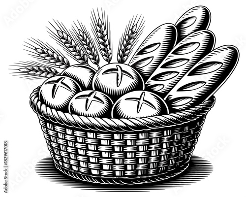 Basket of freshly baked bread and wheat stalks in black and white