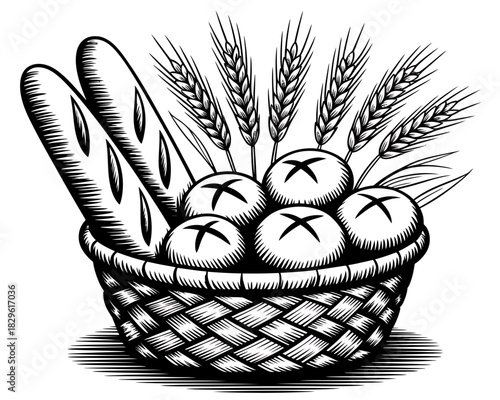 Basket of bread and wheat stalks in a vintage woodcut style