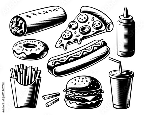 Classic american fast food items in a bold black and white illustration style