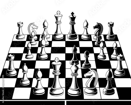 Black and white illustration of a chess game in progress on a chessboard