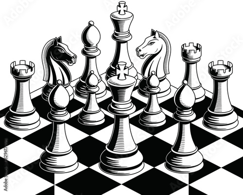 Black and white illustration of chess pieces arranged on a chessboard