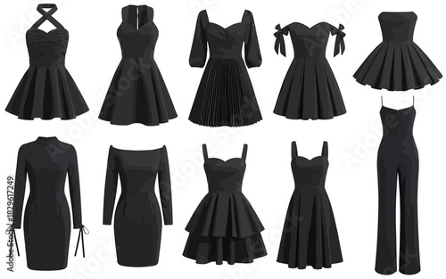 Collection of elegant black dresses and a jumpsuit for women