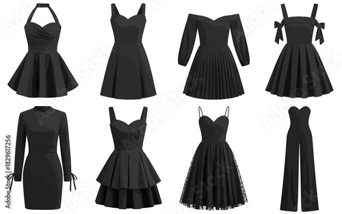 Collection of elegant black dresses and a jumpsuit for women