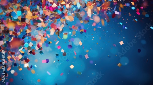 Wallpaper Mural Colorful confetti falling against a vibrant blue background at a celebration Torontodigital.ca