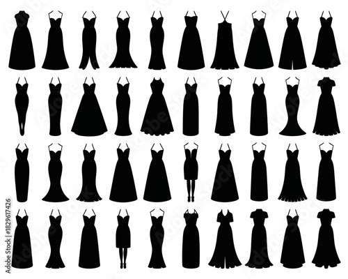 Collection of diverse black evening gown silhouettes on a white background