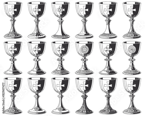 Collection of ornate chalices with religious symbols in black and white illustration