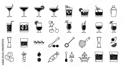 Cocktail icons set, various drinks and bar tools.