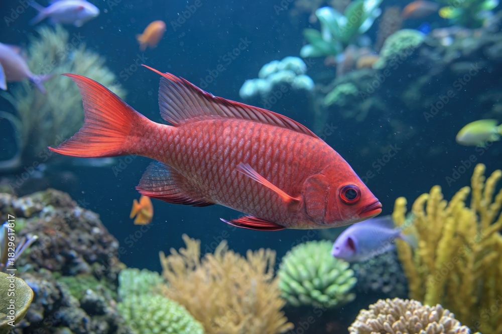 Fototapeta premium Colorful Red Fish Swimming Among Coral and Marine Plants in an Aquarium