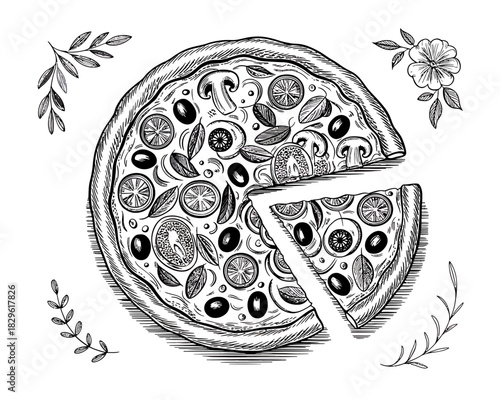Hand drawn illustration of a pizza with a slice removed and decorative elements