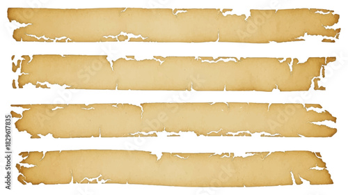 Set Of Vintage Beige Parchment Paper Banner Strips With Ragged Torn Edges