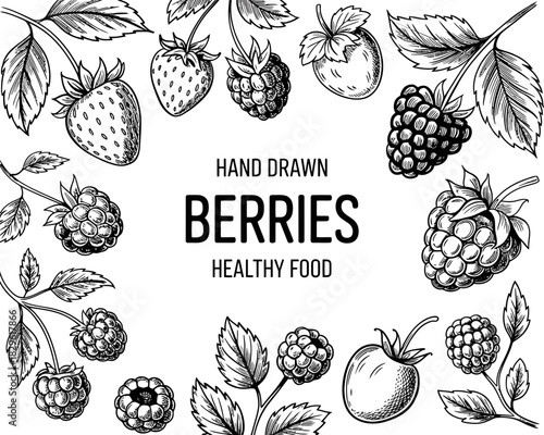 Hand drawn berries healthy food illustration with leaves and branches
