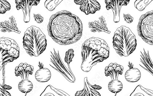 Hand drawn seamless pattern of various fresh vegetables in black and white sketch style