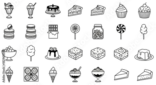 A collection of various dessert icons, including cakes, pies, ice cream, and candies, all in a simple line art style.