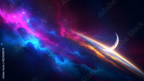 A cosmic landscape with a crescent moon and vibrant nebula clouds in shades of pink and blue in space