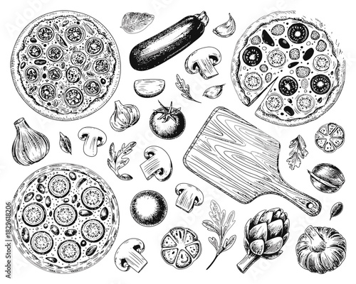 Hand drawn sketch of pizza ingredients and food items