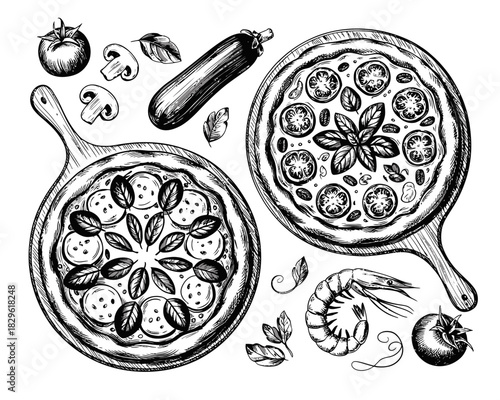 Hand drawn italian food ingredients and pizzas sketch