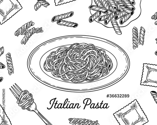 Hand drawn italian pasta assortment with spaghetti and ravioli