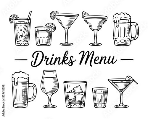 Hand drawn drinks menu featuring various alcoholic and non alcoholic beverages