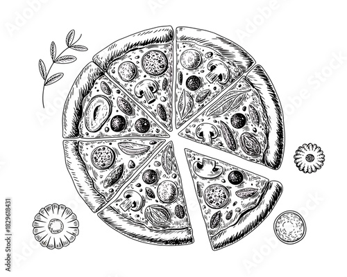 Hand drawn pizza slices with toppings and decorative elements