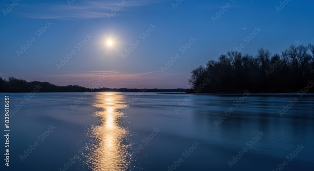 Fototapeta premium Mystical moonlight reflecting on tranquil waters at twilight creates serene view