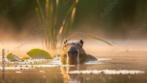 Capybara swimming in a lake with lily pads and tall grass in the background during a golden hour light
