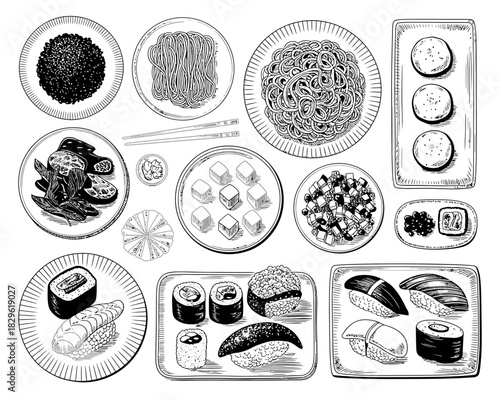 Hand drawn illustration of various japanese dishes arranged on a white background