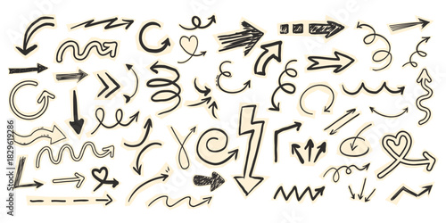 Scrapbook set with paper arrow cutout torn doodle scribble collage elements. Y2k swirl, up and down, right and left arrow collection.