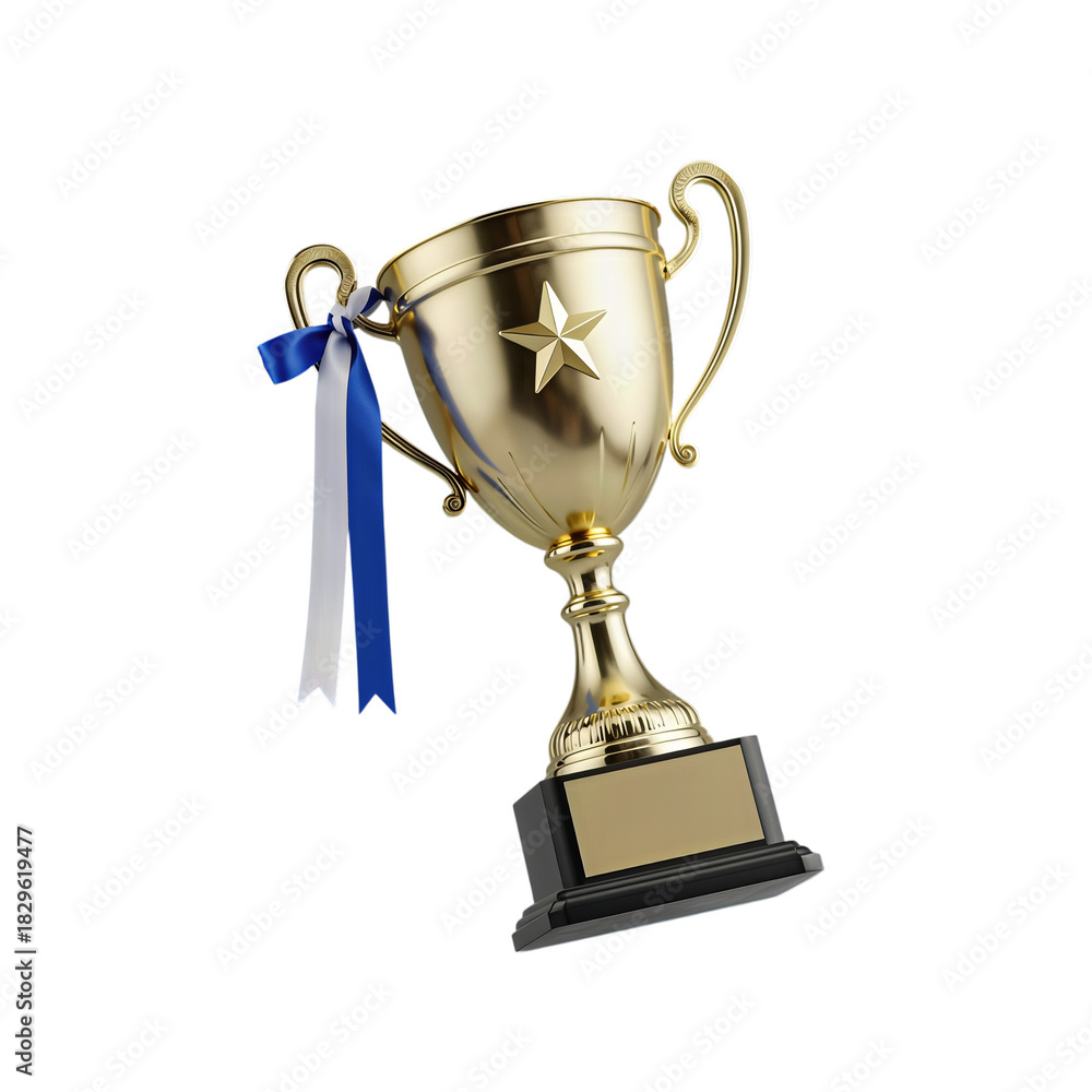 Fototapeta premium Golden Award Trophy with Blue and White Ribbon