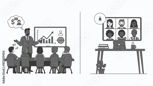 Modern Business Meetings Contrasting Traditional Classroom with Remote Video Conferencing