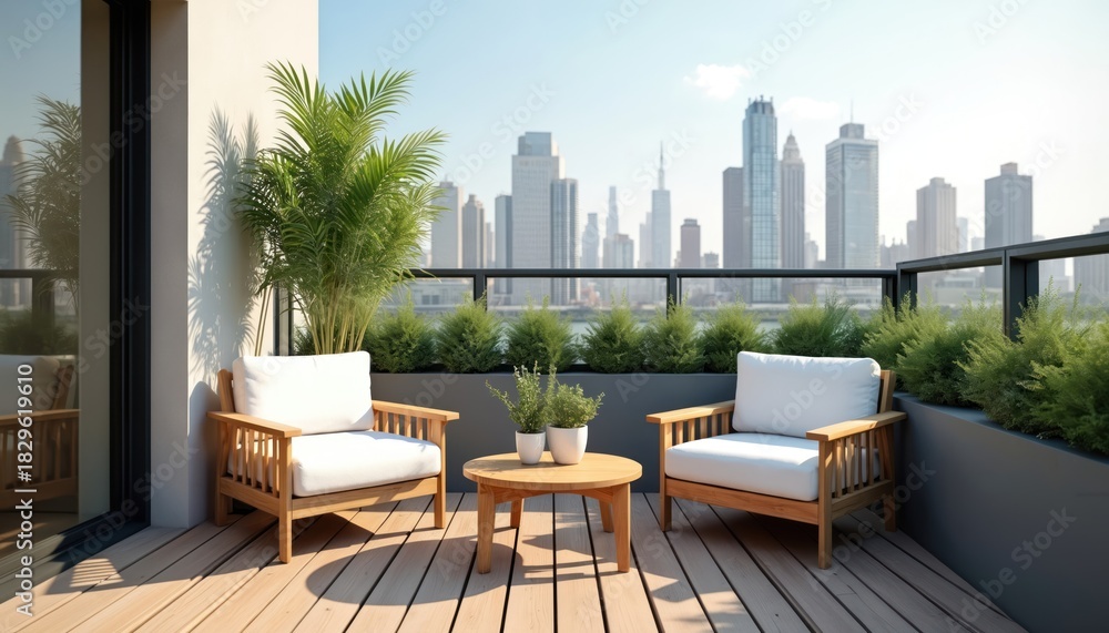 Obraz premium Balcony photo with chairs and potted plants. Modern terrace with city view. Wooden floor and furniture create relaxing atmosphere. Empty space for enjoying cityscape and sunlight.