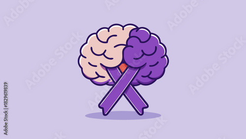 Brain Illustration with Purple Awareness Ribbon for Epilepsy Day