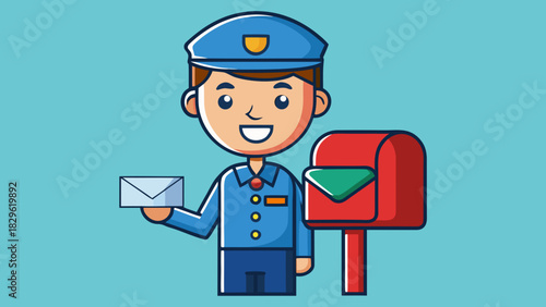 Smiling mailman holding a letter near a mailbox