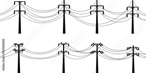 Vector illustration of utility poles and power lines in black and blue, dashed and solid styles, comparison of electrical distribution designs