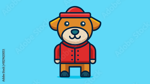 Cartoon Dog Wearing Red Coat and Hat on a Blue Background