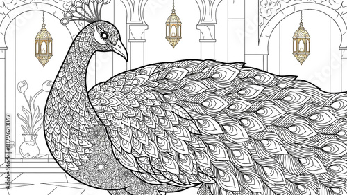 Peacock line art illustration for coloring book	