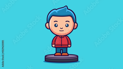 Cartoon bobblehead figure standing on a circular base