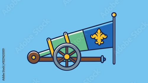 Cartoon Cannon with Fleur De Lis Flag on a Bright Blue Backdrop