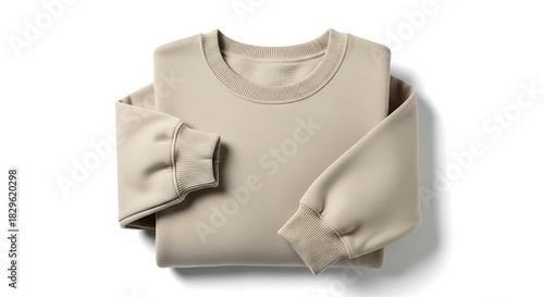 Neatly folded beige crewneck sweatshirt isolated on white background. Blank cotton fleece pullover mockup for apparel design. Casual comfortable loungewear stack top view.