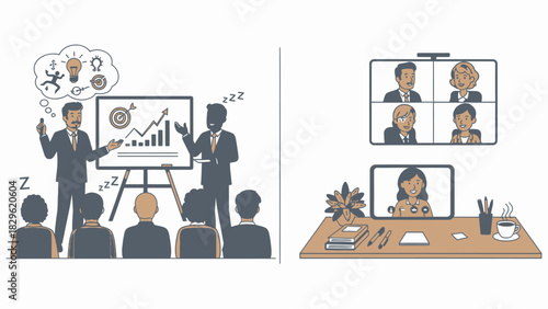Business meeting in person versus online concept illustration