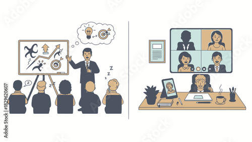 Hybrid Meeting Illustration Showing In Person and Virtual Teams Discussing Business