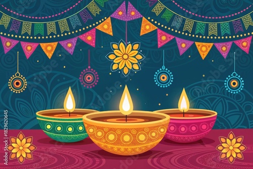 Festival Celebration With Colorful Oil Lamps and Festive Decorations