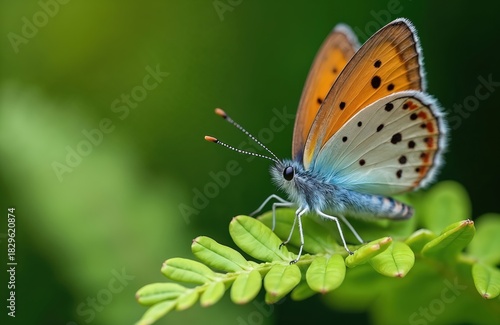 Wallpaper Mural Vibrant butterfly rests on fresh green leaf. Delicate wings display orange, white, black spots. Insect body blue, fuzzy, with long antennae visible. Detailed macro captures fragile wild nature scene, Torontodigital.ca