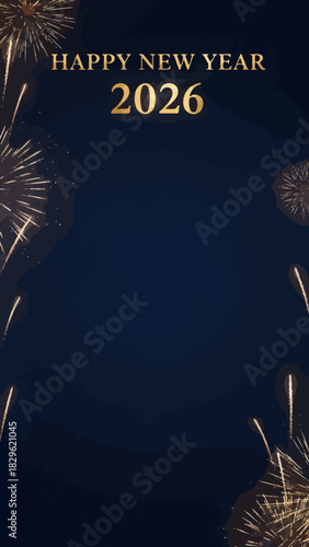 Happy New Year 2026 with fireworks on a dark blue background.