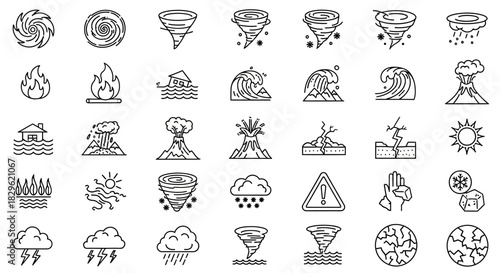 A collection of line art icons representing various natural disasters and environmental phenomena.