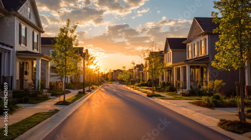 Sunset over a peaceful residential street with modern houses