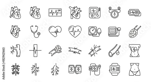 Collection of cardiovascular system and cardiology related icons in outline style.