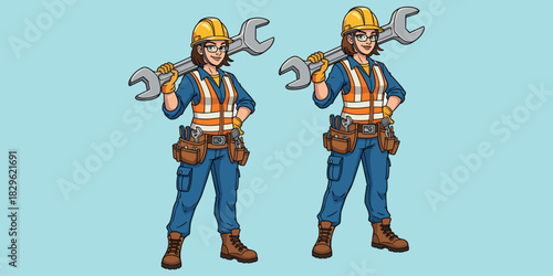 Female construction worker cartoon, safety gear, wrench, confident pose, hard hat, tool belt, vector character, builder woman, flat illustration