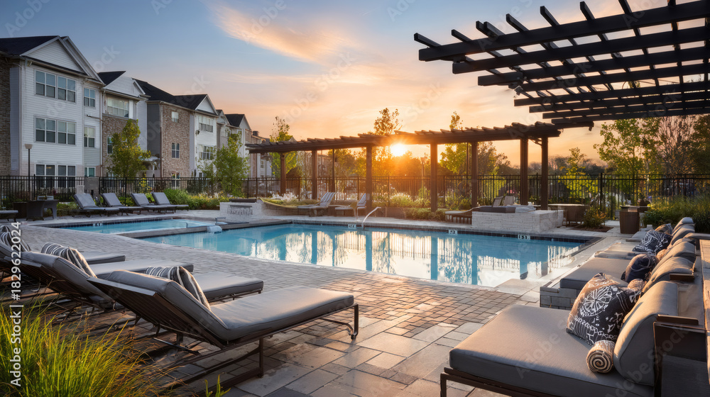 Fototapeta premium Sunset View of a Modern Residential Pool Area with Lounge Chairs