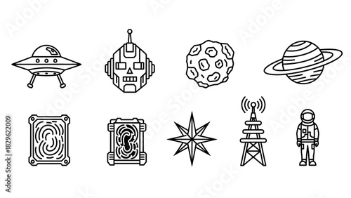 Space and science icons: UFO, robot, asteroid, planet, fingerprint, star, tower, astronaut.